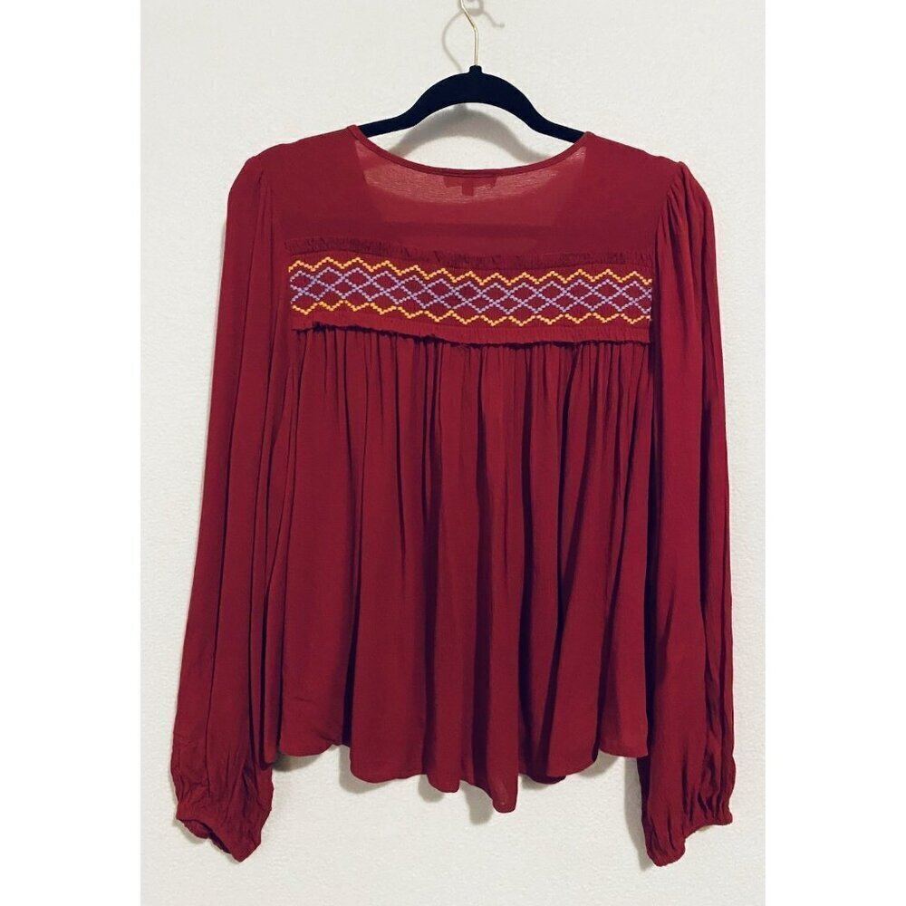 Easel Top Womens Large Red Embroidered Peasant Tie Neck Puffy Sleeve Boho Hippie - Picture 3 of 6
